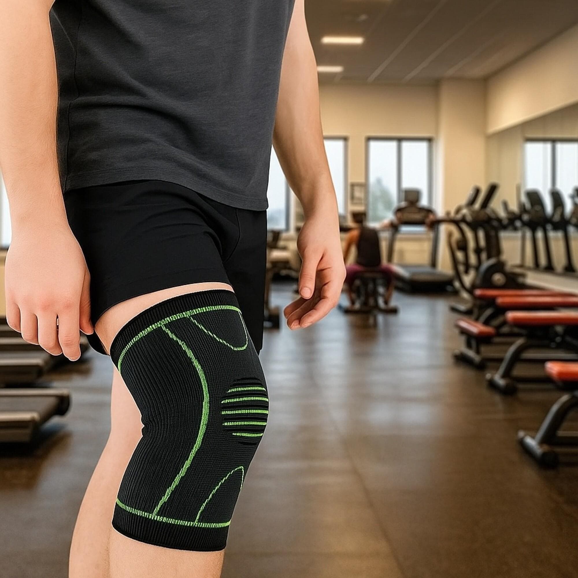 Close-up of the KniTec v2 sleeve worn on a knee in a gym