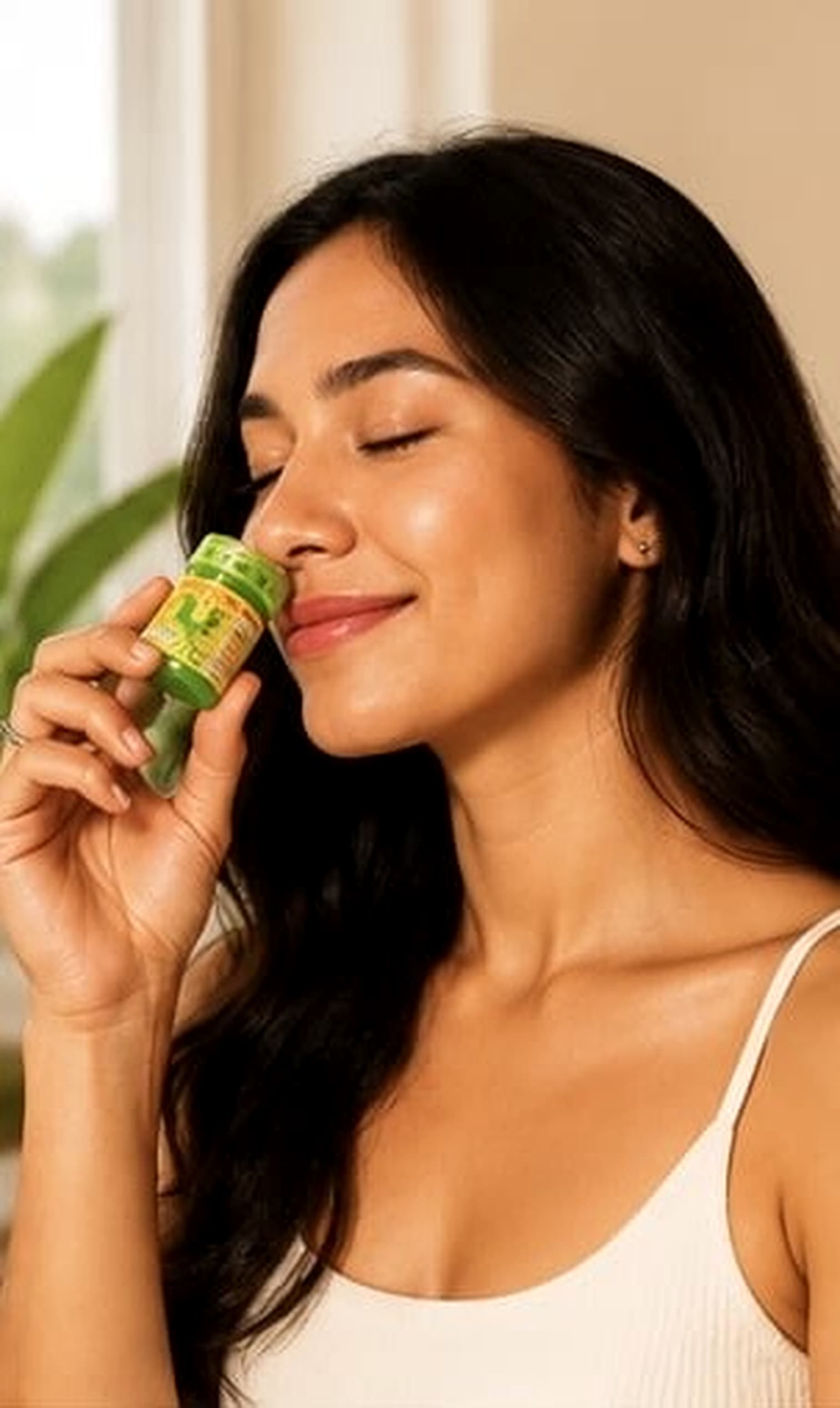 Woman inhaling Hong Thai with her eyes closed, at home in natural light