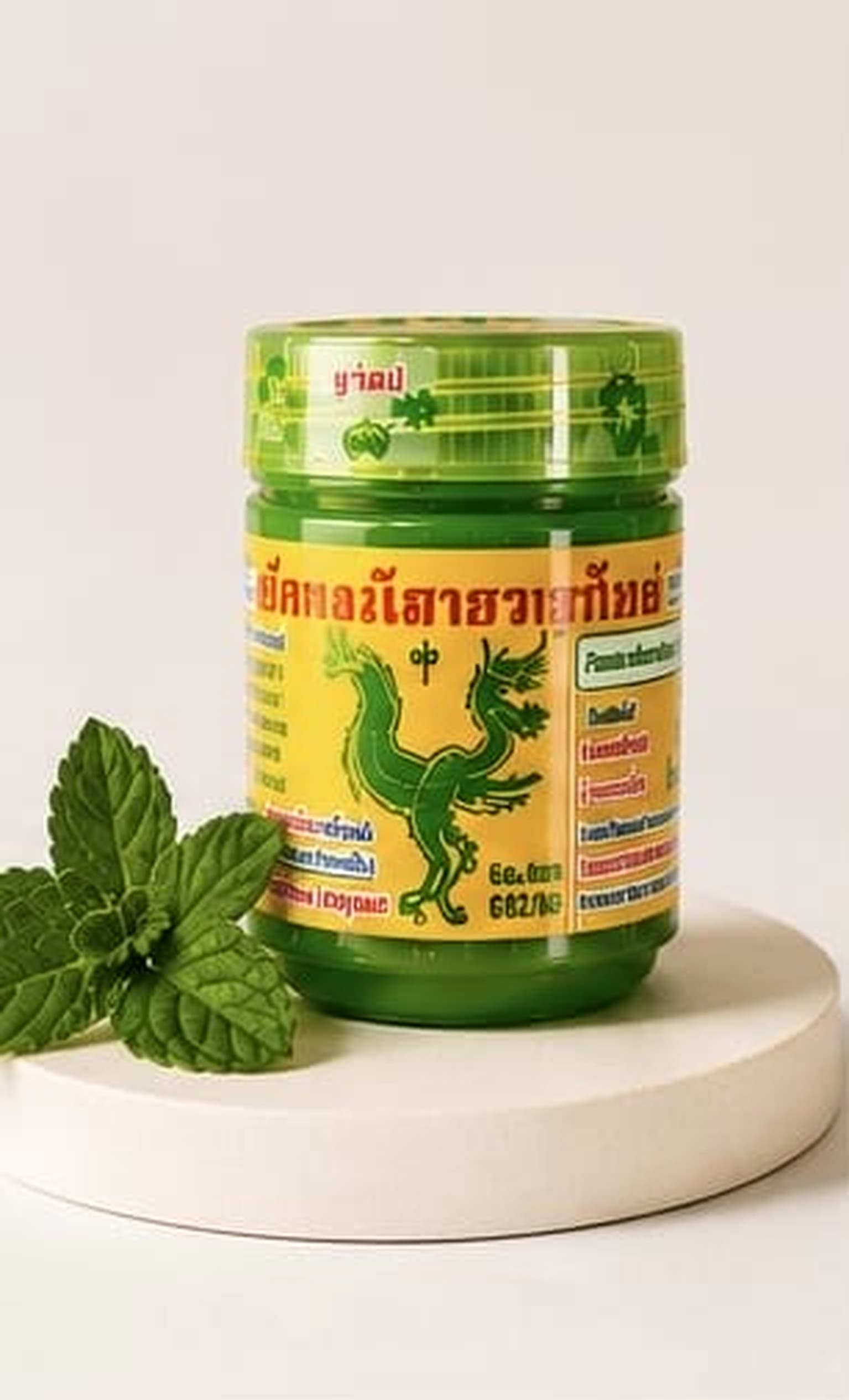 Hong Thai inhaler styled on a stone pedestal with fresh mint leaves