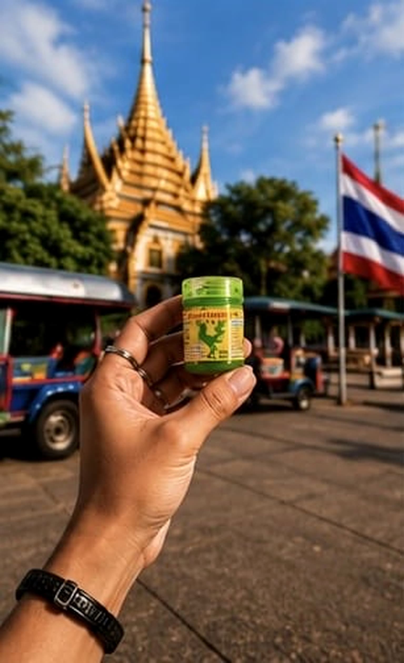 Hong Thai inhaler held up in front of a gilded Thai temple and a Thai flag