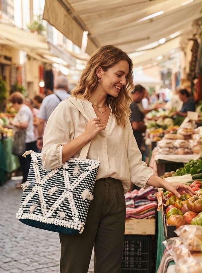 Woven tote bag in the Diamond Dust design — black and cream weave with white pom-pom diamonds, carried at a market